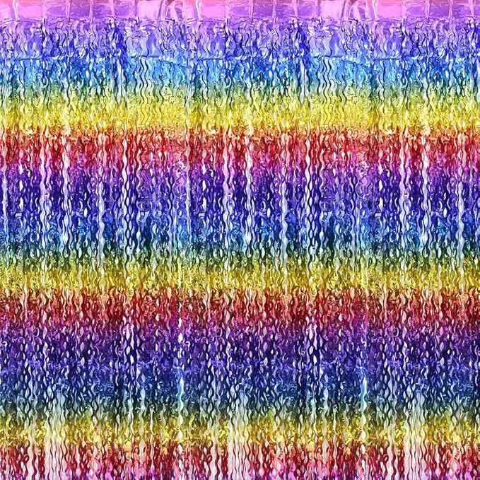 Rainbow Color Fringe Curtain Tinsel Streamer For Birthday Wedding Valentines Baby Shower, 4 Pack 6.56*3.28 FT Wave Metallic Tinsel Backdrop Party Streamers Backdrop Garland Photo Booth Door Decoration