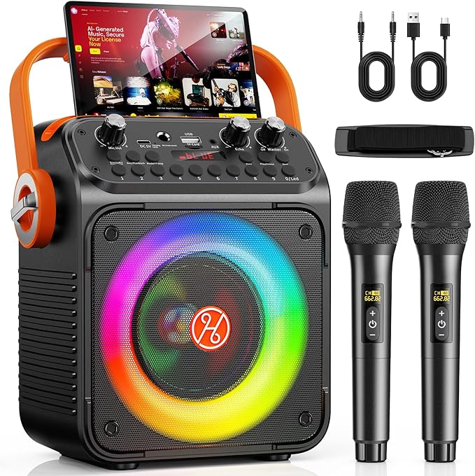 Karaoke Machine, Portable Bluetooth Karaoke Speaker with 2 Wireless Microphones for Adults, PA System with Echo Adjustment, LED Lights, Supports USB/TF/REC/FM/AUX, for Home Party, Outdoor