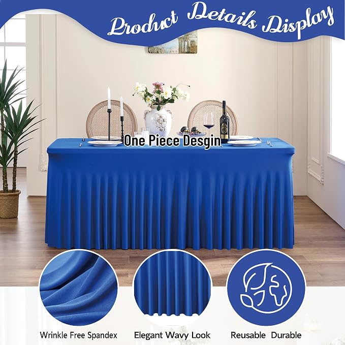 Leegleri 2 Pack Royal Blue Fitted Table Clothes for 6 Foot Rectangle Tables, Wrinkle Free 6ft Table Cover, Spandex Table Skirt for Banquet Weddings Parties - Image 3