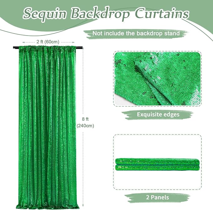 Green Sequin Backdrop Curtains-2 Panels 2FTx8FT Green Backdrop for St Patricks Day, Glitter Party Decorations Background Drapes for Wedding Birthday Anniversary Graduation Photo Booth Decor - Image 3