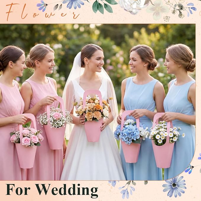 Gilprop 1 Packs Kraft Paper Flowers Gift Bags with Handle Flowers Bouquet Holder for Wedding, Valentines Day Decoration, Florist Shop (Pink) - Image 5