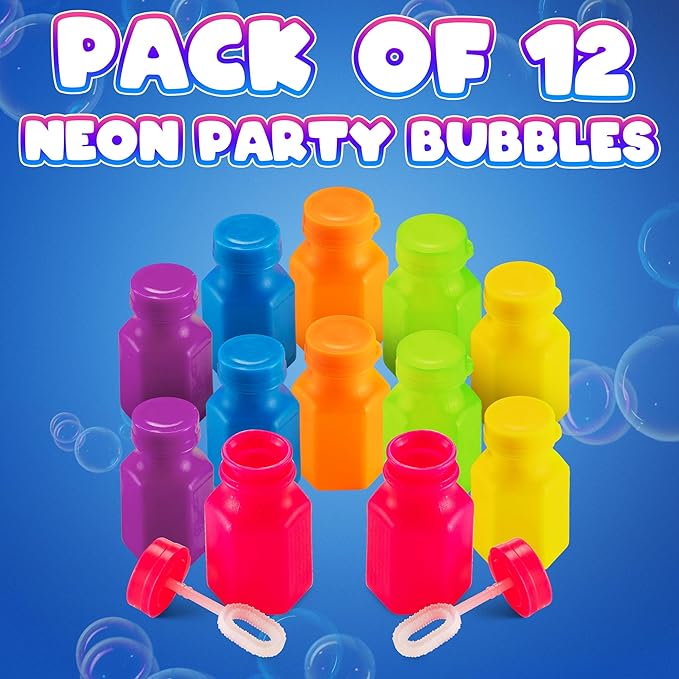 Mini Neon Party Bubbles for Kids - (Pack of 12) Bulk Wands and Bottles for Blowing Bubbles, Birthday Party Favors, Toy Gift, Outdoor Toys, Carnival Prizes, and Goody Bag Stuffers