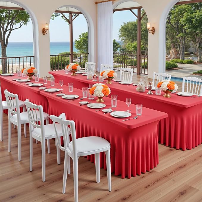 6 pk Red Spandex Tablecloth 6ft with Ruffle Skirt,Wrinkle Free High Stretch Fitted Tablecloths for 6 Foot Rectangle Tables,Pleated Skirts Spandex Table Covers 6ft for Christmas Party Banquet Wedding - Image 3