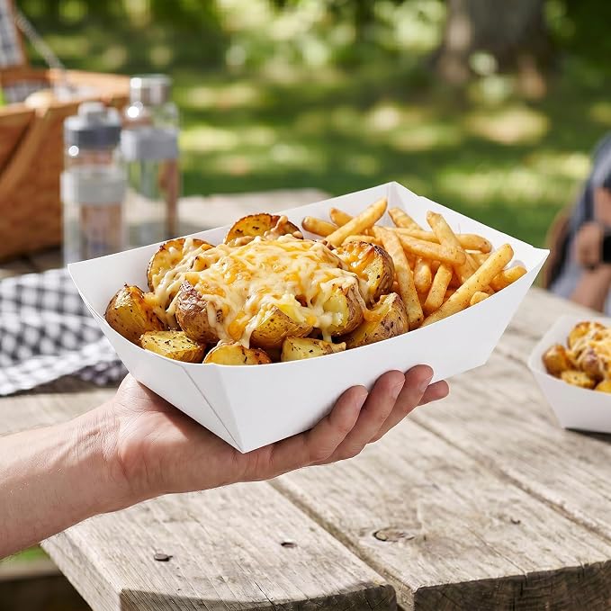 Restaurantware-Bio Tek 1/2 Pound Food Trays, 400 Disposable Paper Food Trays - Heavy-Duty, Greaseproof, White Paper Food Boats, For Snacks, Appetizers, Or Treats, Use At Parties Or Carnivals - Image 5