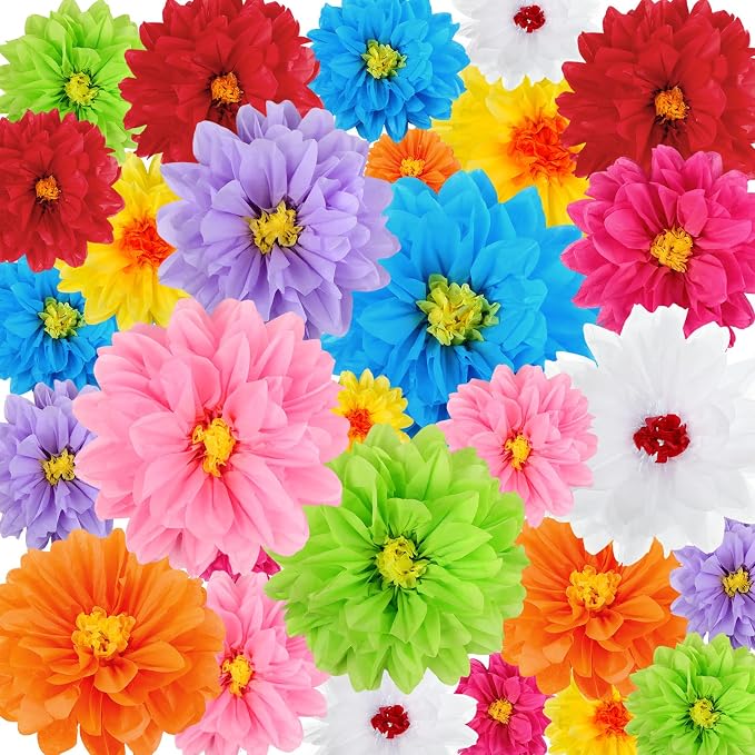 Geyee 54 Pcs Mexican Fiesta Tissue Paper Flowers Party, 8" 10" 12" | Large Colorful Crepe Flower, Mexican Fiesta Party Decorations, for Backdrop Wall Decor, Birthday Wedding Carnival Craft Decor by Geyee