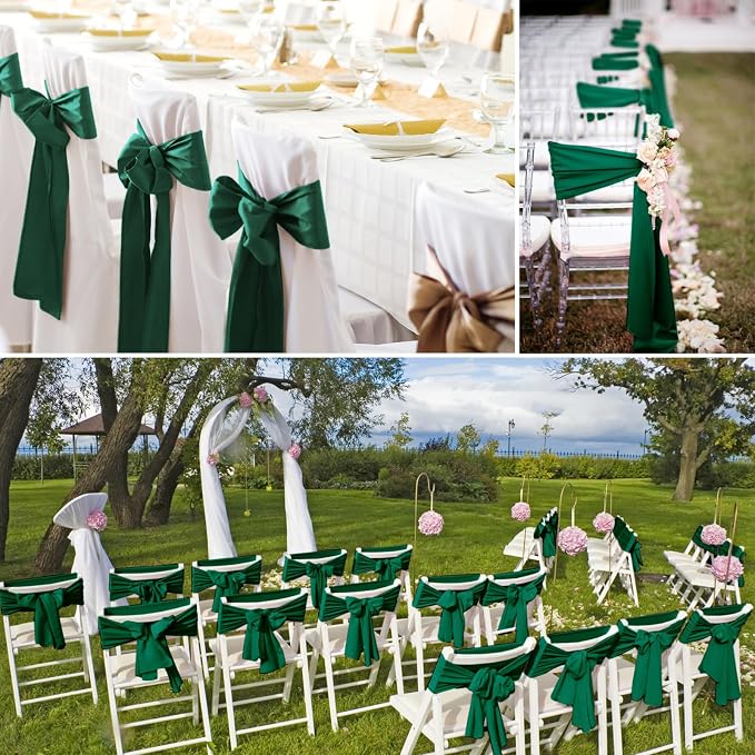 YMHPRIDE 60 PCS Emerald Green Satin Chair Sashes,Ties Bows Designed Chair Sashes for Wedding Party Baby Shower Banquet Restaurant Hotel Folding Chairs Decoration(Emerald Green,7x78 inch) - Image 7