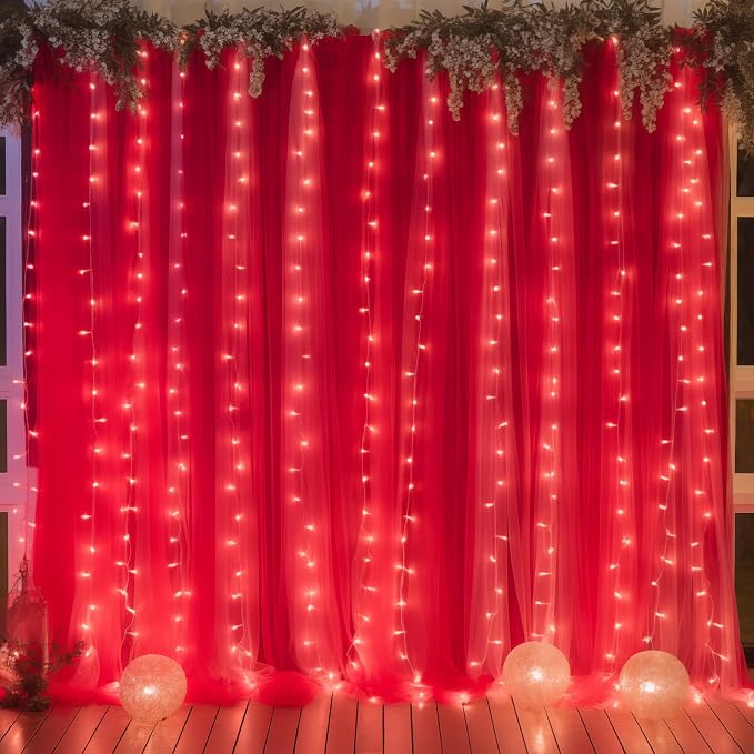 10ft x 8ft Red Backdrop Curtain with Lights String for Parties, Sheer Tulle Wedding Photo Backdrops Drapes for Baby Shower Birthday Party Decorations Background for Photography - Image 6