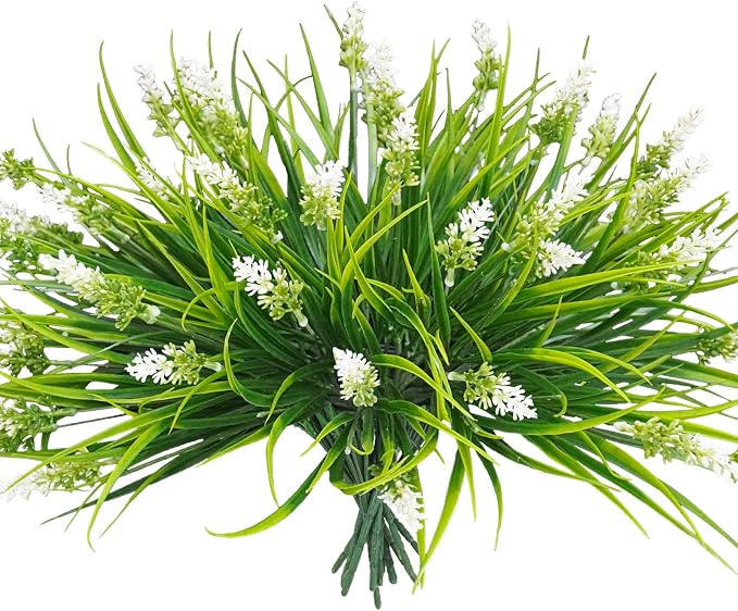 obbsie 12 Bundles Artificial Plants Outdoor, 18.2" UV Resistant Faux Monkey Grass Greenery Stems No Fade Faux Plastic Flowers Shrubs for Home Weddings Garden Porch Front Patio Office Decor- White by ObbsieDirect