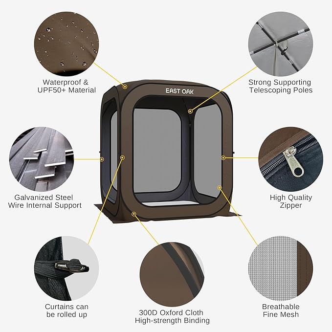 East Oak Screen House Tent Pop-Up, Portable Screen Room Canopy Instant Screen Tent 6 x 6 FT with Carry Bag for Patio, Backyard, Deck & Outdoor Activities, Brown