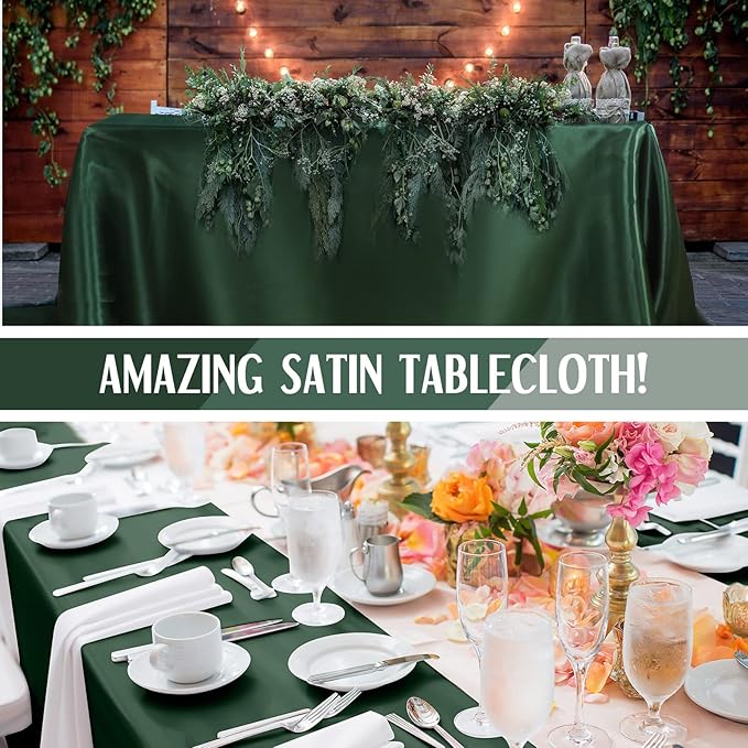 Lounsweer 8 Packs Satin Tablecloth 102 x 58 Inches Rectangle Table Cover Silk Smooth Fabric Party Table Cloth for Rectangle Parties, Holiday Dinner Wedding Banquet Decoration(Dark Green)