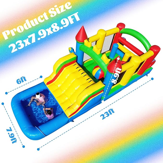 23FT Commercial Grade Bounce House for Adult, (Heavy Duty PVC)(1100W UL Blower) Inflatable Obstacle Course, with Water Slide, Splash Water Pool Ball Pit, Large Backyard Lawn Party Game