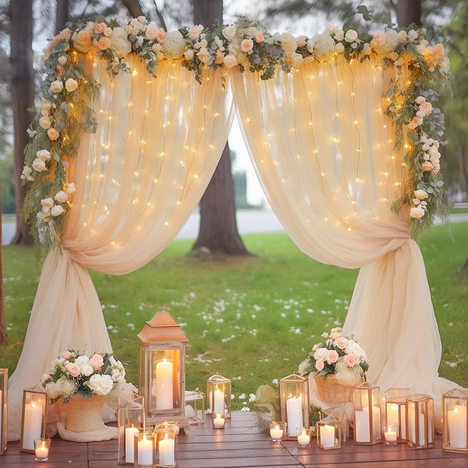 10ft x 8ft Champagne Backdrop Curtain with Lights String for Parties, Sheer Tulle Wedding Photo Backdrops Drapes for Baby Shower Birthday Party Decorations Background for Photography - Image 2