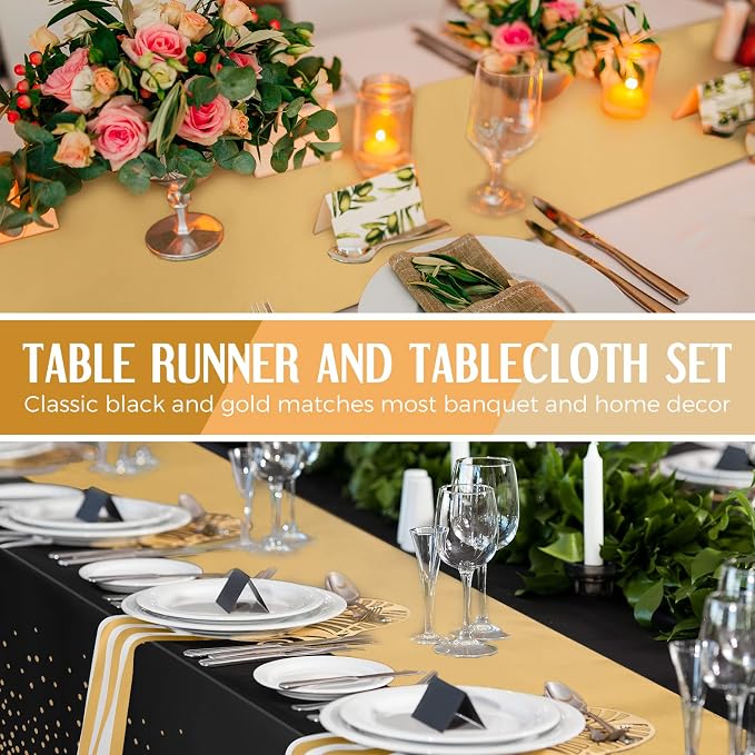 8 Pack New Year Black and Gold Disposable Plastic Tablecloths and Satin Table Runner Set, 54 x 108 Inch Tablecloth, 12 x 108 Inch Table Runners for Wedding Graduation Birthday Baby Shower - Image 5