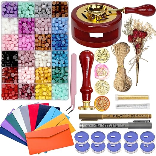 Wax Seal Kit, 24 Colors Sealing Beads, 2 Pcs Stamp,Sealing Wax Warmer, Metallic Pen, Envelope,Dried Flower,Candles for Wedding Birthday Gift and DIY Craft