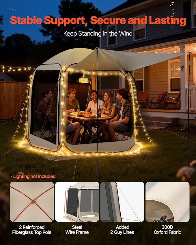 VEVOR 6 x 6 ft Pop-Up Screen House Tent with Extended Awning, 4–6 Person Screen Gazebo, Portable Screened Canopy with Carry Bag, Netting Sides & Ground Stakes for Patio, Backyard & Outdoor Activities