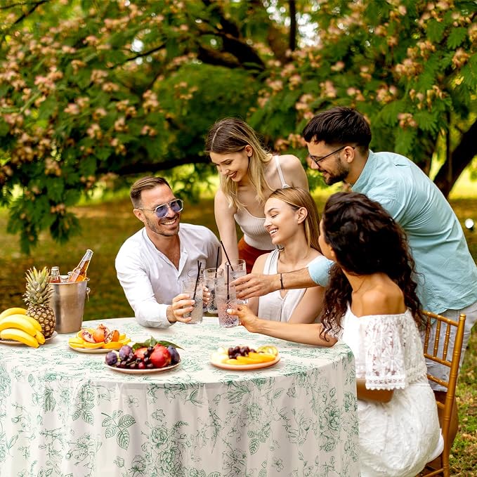 Ganeen 12 Pcs Sage Green Floral Plastic Tablecloth 84 in Spring Round Vintage Flower Tea Party Tablecloth Disposable Green and White Table Covers for Tea Party Birthday Wedding Baby Shower Decoration - Image 6