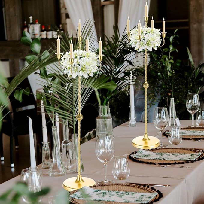 42.7 Inch Floor Candelabra Candle Holder Set of 2, 5 Arms Gold Candlestick Holders, Tall Candelabras Centerpiece for Taper Candles, Metal Standing Candlesticks for Wedding Birthday Party Home Decor
