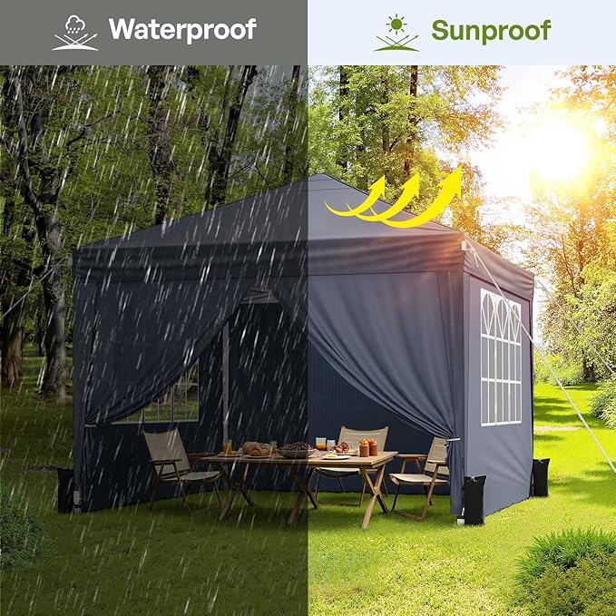 10x10 Pop Up Canopy with Sidewalls, Instant Portable Canopy Tent with Carry Bag for Commercial Events, Camping, Parties - Dark Grey