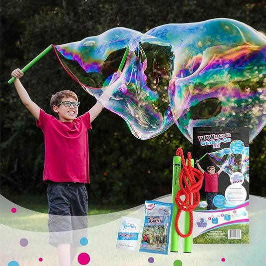 WOWmazing Grab-N-Go Kit: Incl. Wand, Jumbo Bubble Concentrate, Bucket, and Tips & Trick Booklet | Outdoor Toy for Kids, Boys, Girls | Bubbles Made in The USA