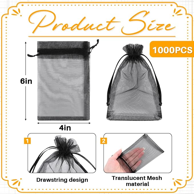 Silkfly 1000 Pcs Organza Bags 4x6 Inch Bulk, Solid Style, Black | Drawstring Gift Bags, Mini Mesh Pouches, for Candy, Jewelry, Wedding Party Favors - Image 2
