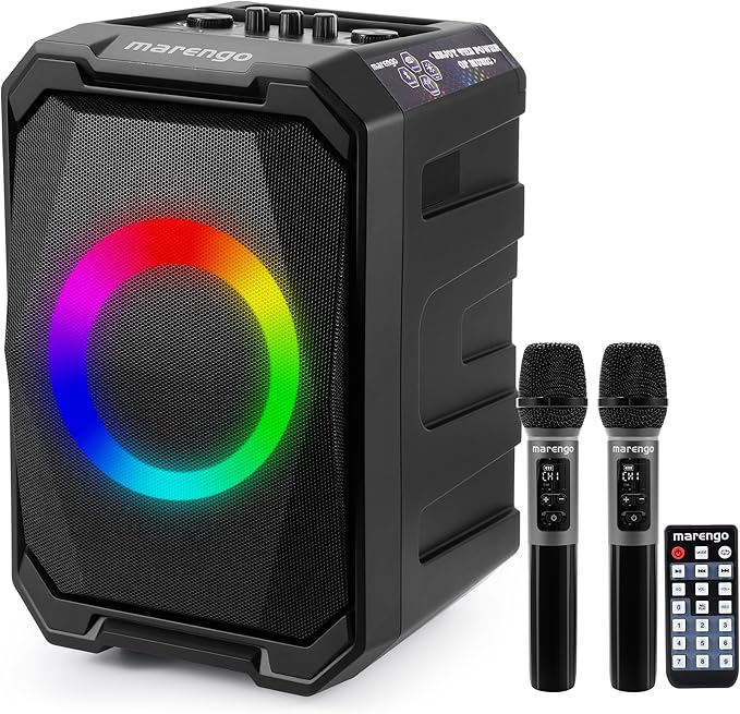 Karaoke Machine with 2 Wireless Microphones, Portable Bluetooth Party Karaoke Speaker with LED Lights, Bass/Treble Adjustment, TWS, 800W(Peak) PA System for Home Party, Supports USB/AUX/REC/Mic-in