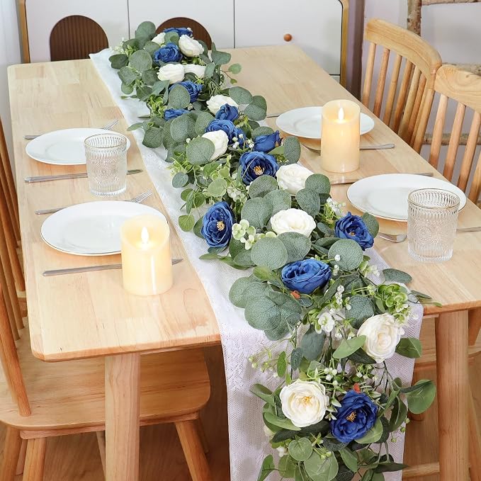 TOCHGREEN 4 Pack Artificial Eucalyptus Flower Garland with White Blue Roses | Fake Rose Flower Greenery Garland Floral Vines for Wedding Centerpiece Backdrop Home Party Table Runner Decor - Image 5