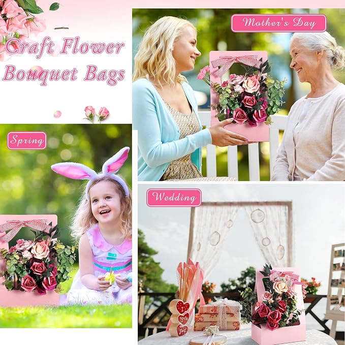 Teling 12 Pcs Flower Boxes for Arrangements Paper Pink Flower Gift Bags for Bouquets Portable Waterproof Floral Box with Handle for Wedding Floral Bar Party Decor Florist Supplies - Image 6