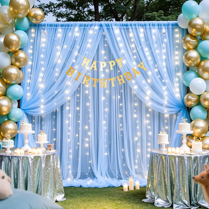 Baby Blue Backdrop Curtains with Lights String for Baby Shower Parties 2 Panels 5×10ft Sheer Tulle Backdrop Curtain Panels for Birthday Party Bridal Shower Photo Shoot Background Wall Decorations - Image 3