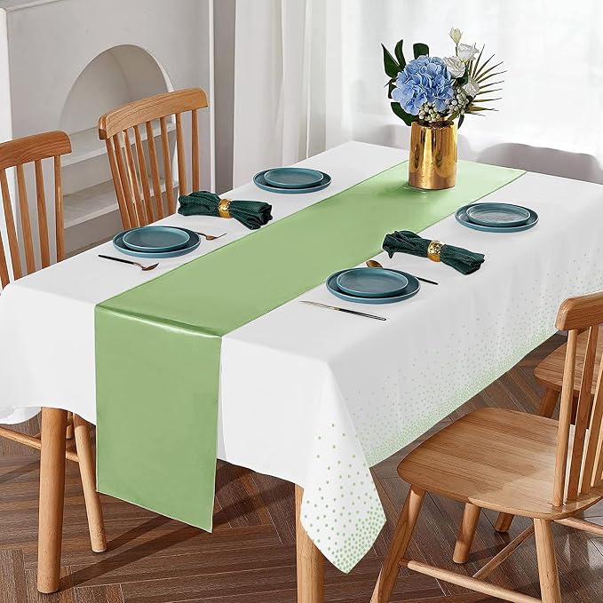 16Pack Plastic Tablecloths and Satin Table Runner Set Disposable White and Sage Green Dot Table Cloth Green Satin Table Runner for Wedding Birthday Baby Shower Anniversary Holiday Party Decorations - Image 5