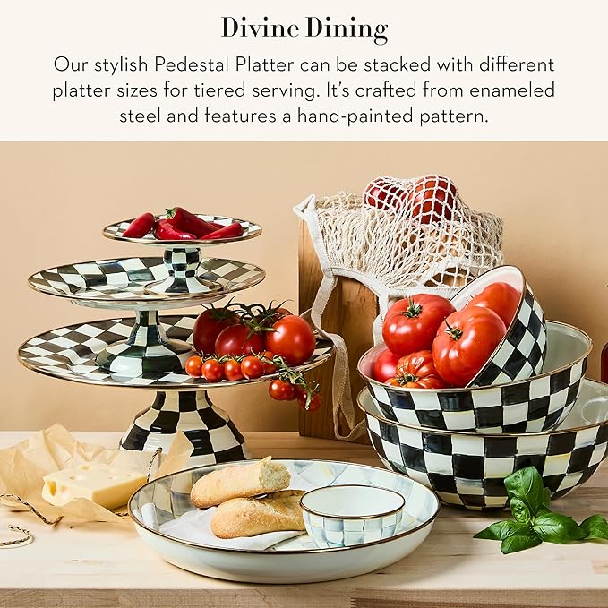 MACKENZIE-CHILDS Enamel Pedestal Serving Platter, Decorative Serving Dish for Food, Mini, Black-and-White Courtly Check