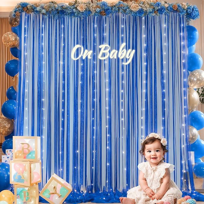 Royal Blue Backdrop Curtains with Lights String for Parites Wedding 10×8ft Sheer Tulle Backdrop Curtain for Graduation Ceremony Baby Shower Birthday Party Prom Photo Shoot Background Decorations by Suppromo