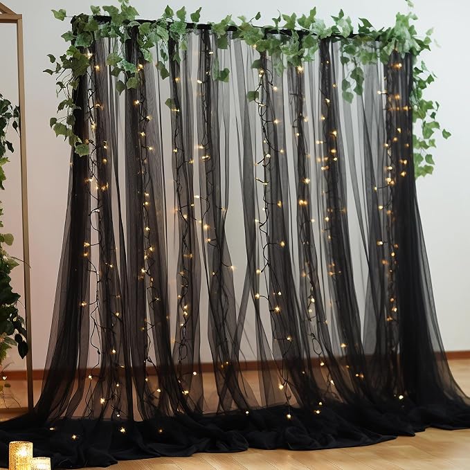 10ft x 8ft Black Backdrop Curtain with Lights String for Parties, Sheer Tulle Wedding Photo Backdrops Drapes for Baby Shower Birthday Party Decorations Background for Photography - Image 3