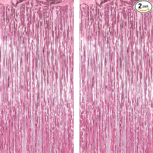 2 Pack Thickened Pink Metallic Foil Fringe Curtains Streamer Rip Resistant Shimmer Tinsel Photo Booth Backdrop for Birthday Wedding Christmas Bachelorette Party Decorations 3.28ft x 6.56ft
