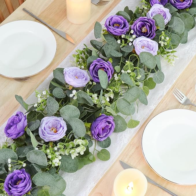 TOCHGREEN 4 Pack Artificial Eucalyptus Flower Garland with Purple Roses | Fake Rose Flower Greenery Garland Floral Vines for Wedding Aisle Centerpiece Backdrop Home Party Table Runner Decor - Image 2