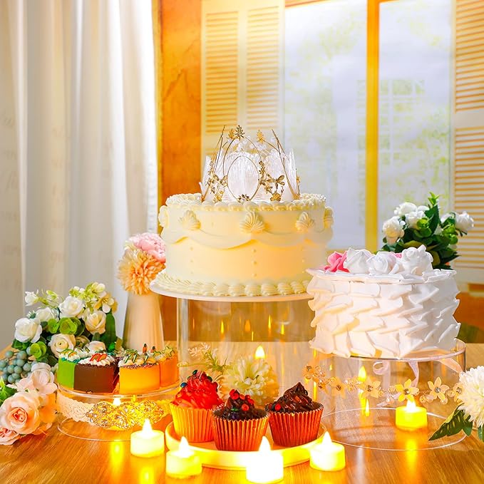 Weysat 3 Pcs Acrylic Risers for Display Stands, Round Cake Dessert Stand 3 Sizes, 6"x2", 7"x4", 8"x6", Food Risers Cylinder Nesting with Hollow Bottom for Wedding Parties Brunch Jewelry Show (Clear)