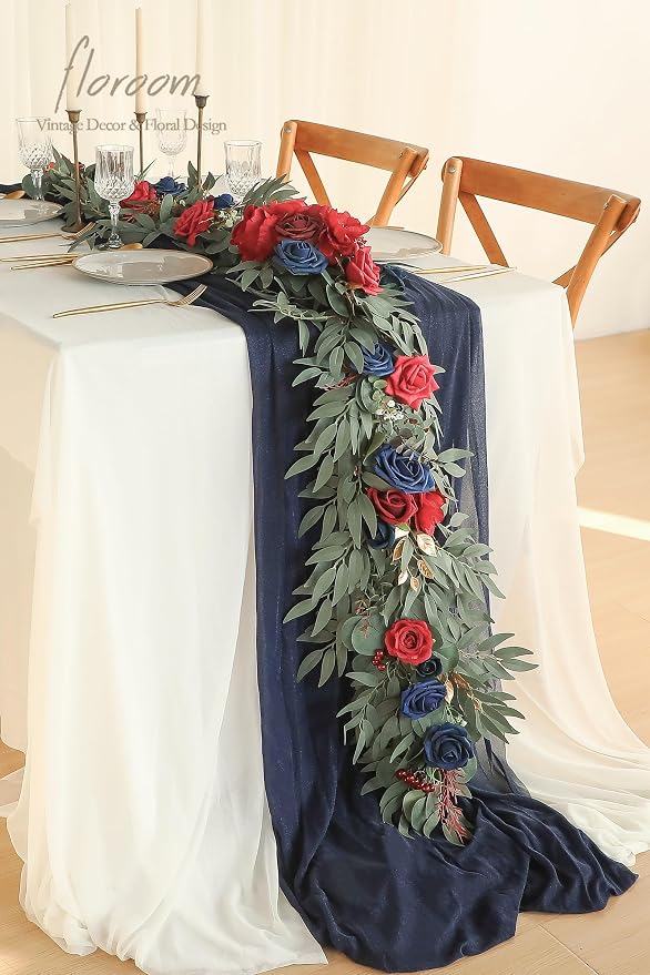 Floroom 6ft Artificial Eucalyptus Garland with Flowers Fake Greenery Faux Floral Vine Garland for Table Decor Wedding Centerpieces Bridal Shower Party Decorations, Dark Red Burgundy Navy - Image 2