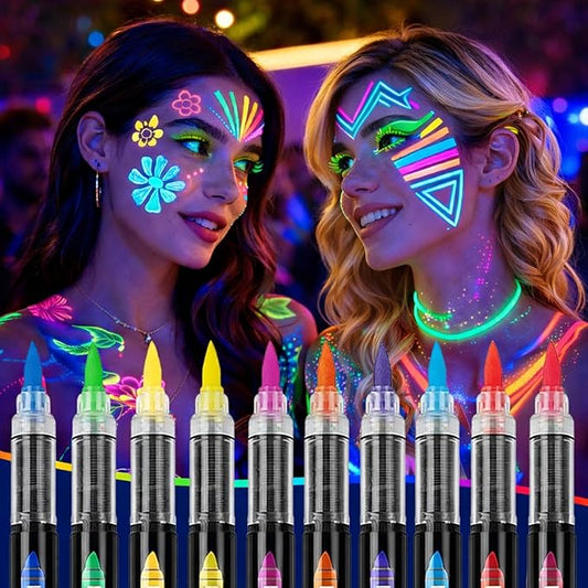10 Colors Glow in the Dark Body Paint Markers, Fluorescent UV Face and Body Painting Pens Kit Neon Sticks for Adult Glow Party, Halloween, Cosplay, Art, Christmas, Washable Tattoo Markers for Skin