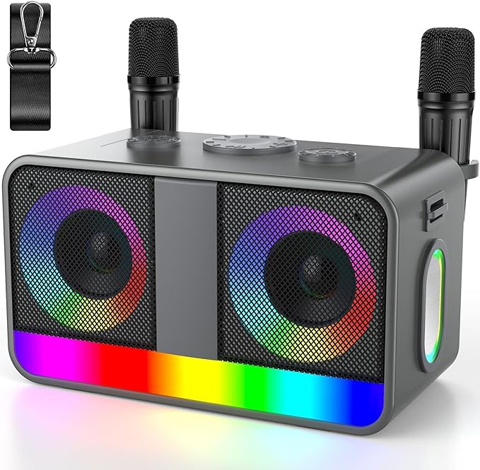Karaoke Machine,Real 35W Portable Speaker,8H Long Time, 2Rechargeable Wireless Microphones,LED,Karaoke Machine for Adults & Kids,BT/FM/USB/TF/AUX,for Home Party/Outdoors(CHJ171-SilverGray)