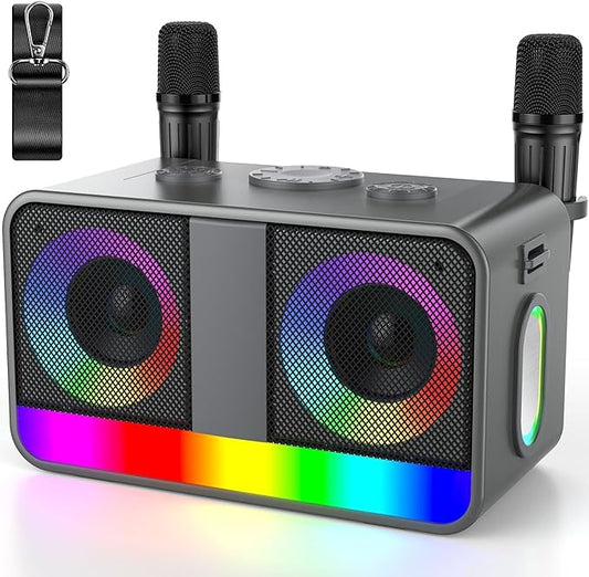 Karaoke Machine,Real 35W Portable Speaker,8H Long Time, 2Rechargeable Wireless Microphones,LED,Karaoke Machine for Adults & Kids,BT/FM/USB/TF/AUX,for Home Party/Outdoors(CHJ171-SilverGray)