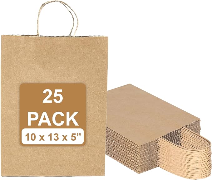 Excellent 10x5x13 Brown Kraft Paper Shopping Bags, Merchandise, Retail Bags, Party Favor Gift Bags, Large Paper Sacks with Handles available in Packs of 25/50/100/250CT (25) by ExcellentPackagingPrinting