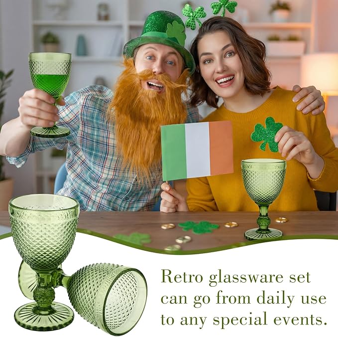 Bokon 12 Pack Green Glass Goblets Set 10 oz High Clear Wine Glass Vintage Water Goblets Cups Embossed Diamond Design Glassware with Stem for Drinking Juice Liquor Party Wedding Bar