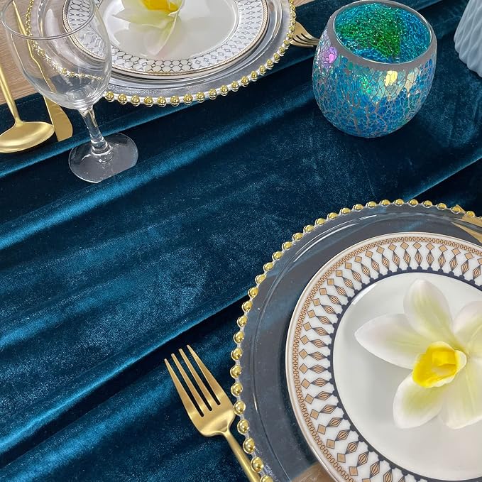Luxurious Velvet Table Runner, 10ft Wedding Reception Decorations, 20x120inch Soft Velvet Fabric, Table Linen Overlay, Wedding Table Runners (Peacock Blue, 20X120inch) - Image 3