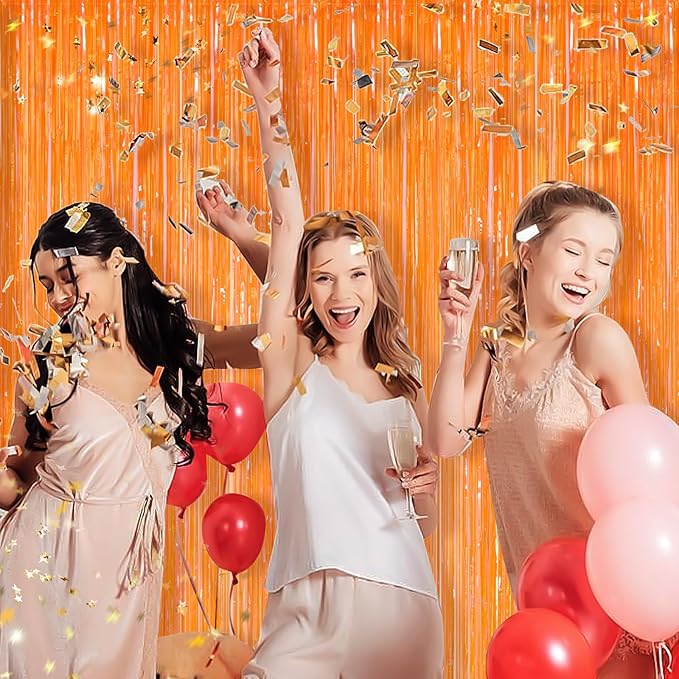 Orange Metallic Tinsel Foil Fringe Curtains, 2 Pack 3.3x8.3 Feet Party Streamer for Birthday Party Decorations, Halloween Decor, Foil Curtain for Bachelorette Party