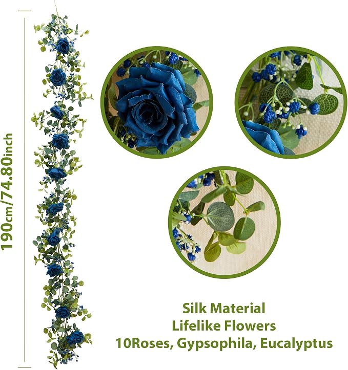 Anna's Whimsy 5.91FT Artificial Eucalyptus Garland with Flowers, Fake Rose Gypsophila Garland, Faux Floral Garlands for Wedding Spring Home Party Craft Art Table Runner Decor (Blue, 1) - Image 2