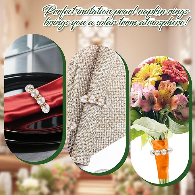 100 Pcs Pearl Napkin Rings, Exquisite Gold Napkin Rings Bulk, Suitable for Table Decorations for Weddings, Family Parties, Engagements, Christmas, and Other Occasions