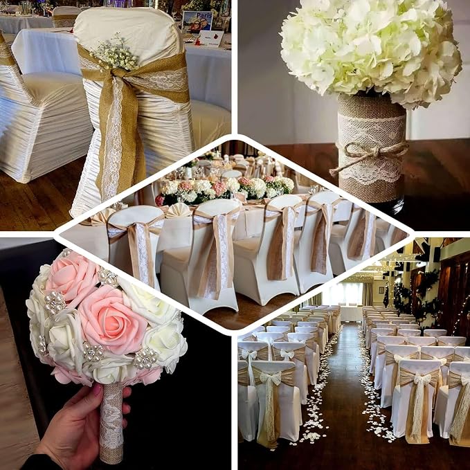 Efavormart 5"x108" | Natural Burlap with Lace Chair Sashes Covers, Hessian Fabric Rustic Jute Chair Sashes Covers, Chair Bow - Image 5
