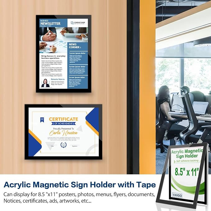 8.5" x 11" Acrylic Sign Holder Wall Mount, Self Adhesive Magnetic Display Frame with Nano Tape and Strong Magnetic Frames for Wall, Door, Glass, Home, Store, Office (Black, 3Pack) - Image 2