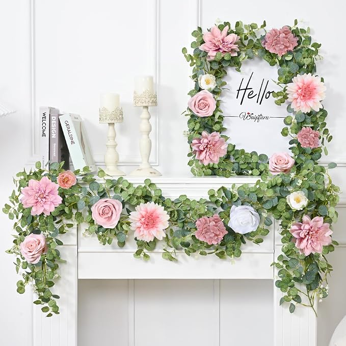 Waipfaru 2 Pcs Flower Garland, 12.14ft Eucalyptus Garland Vines with Flowers for Wedding Reception Table Mantle Spring Room Decor (Rose Pink) - Image 5