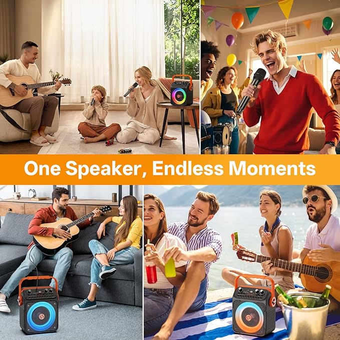 Karaoke Machine, Portable Bluetooth Karaoke Speaker with 2 Wireless Microphones for Adults, PA System with Echo Adjustment, LED Lights, Supports USB/TF/REC/FM/AUX, for Home Party, Outdoor