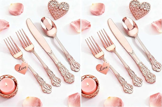 40PCS Rose Gold Plastic Silverware - Heavy Duty Elegant Disposable Utensils - Rose Gold Plastic Cutlery set Includes 20Forks, 10Spoons, 10Knives for Dinner, Parties, Weddings (Pack of 2)